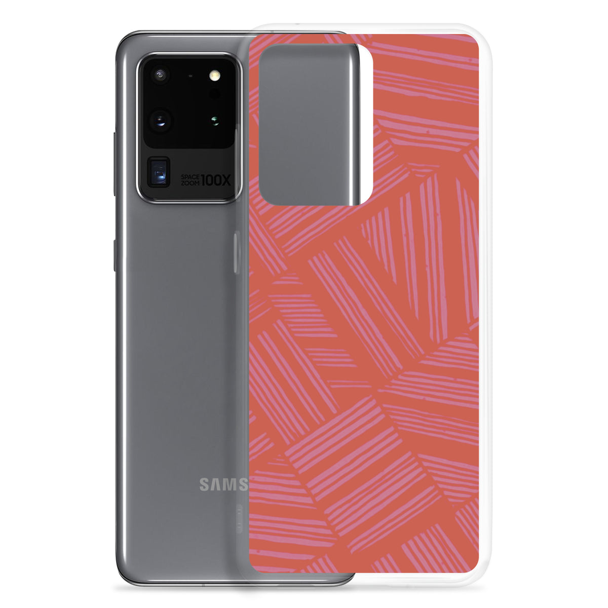 Clear Case for Samsung® displayed beside a Samsung Galaxy smartphone, highlighting the transparent case profile and coral patterned back; wireless charging Samsung Galaxy S23 case.