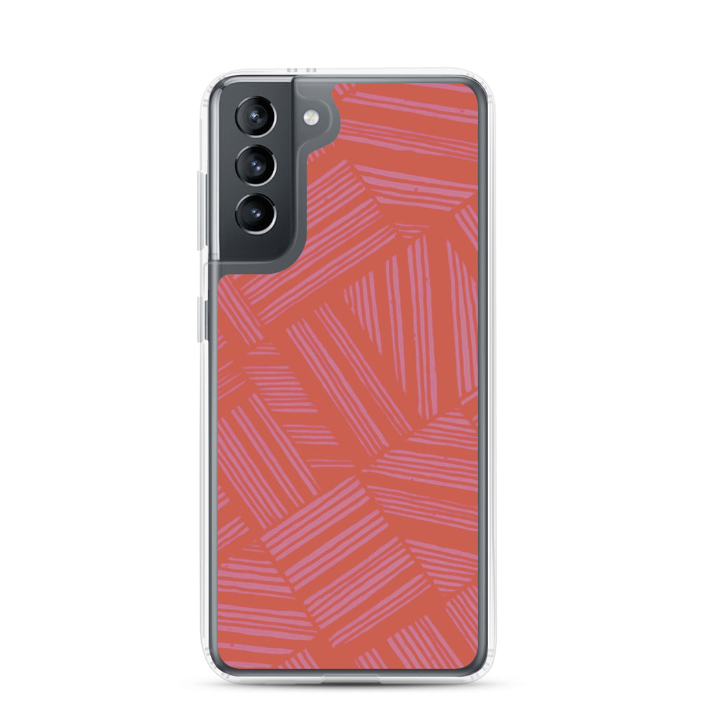 Clear Case for Samsung® fitted on a Samsung Galaxy phone with triple rear camera cutout and vibrant coral abstract artwork; wireless charging Samsung Galaxy S23 case.