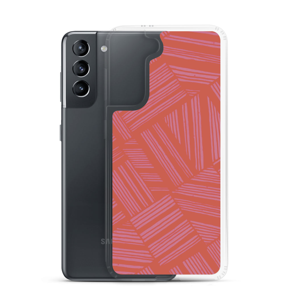 Clear Case for Samsung® shown next to a Samsung Galaxy smartphone, combining a clear bumper with a coral and lavender linear pattern; wireless charging Samsung Galaxy S23 case.