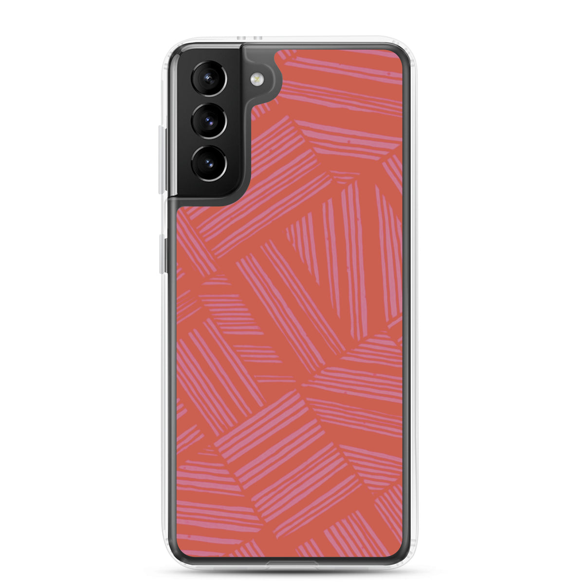 Clear Case for Samsung® fitted on a Samsung Galaxy S23-style phone with triple camera cutout and coral abstract pattern; wireless charging Samsung Galaxy S23 case.