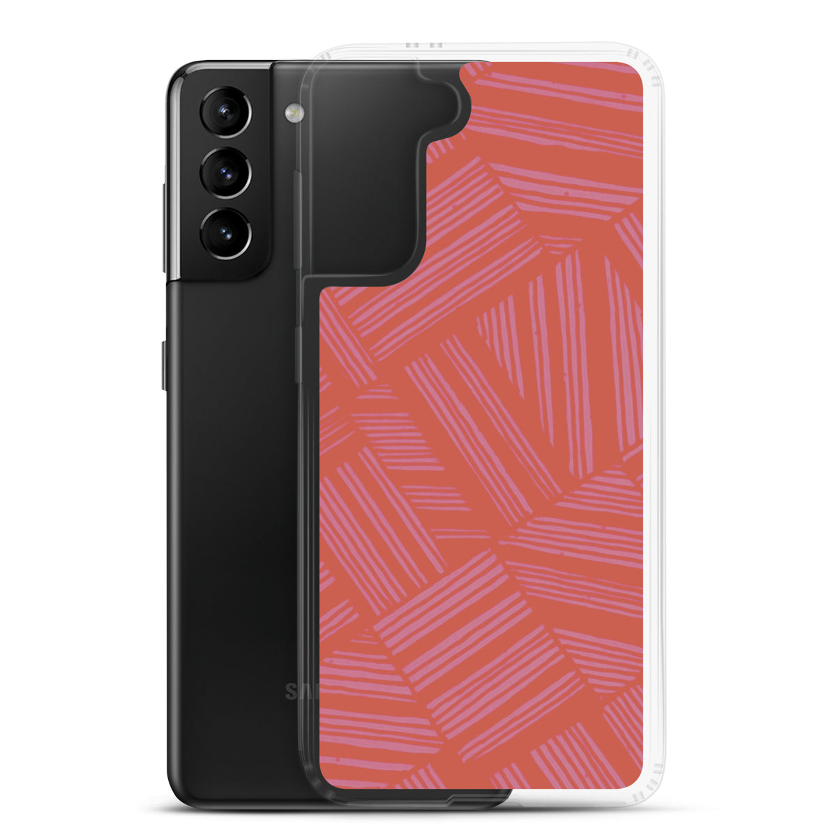 Clear Case for Samsung® shown beside a black Samsung Galaxy smartphone, with clear sides and colorful geometric back design; wireless charging Samsung Galaxy S23 case.