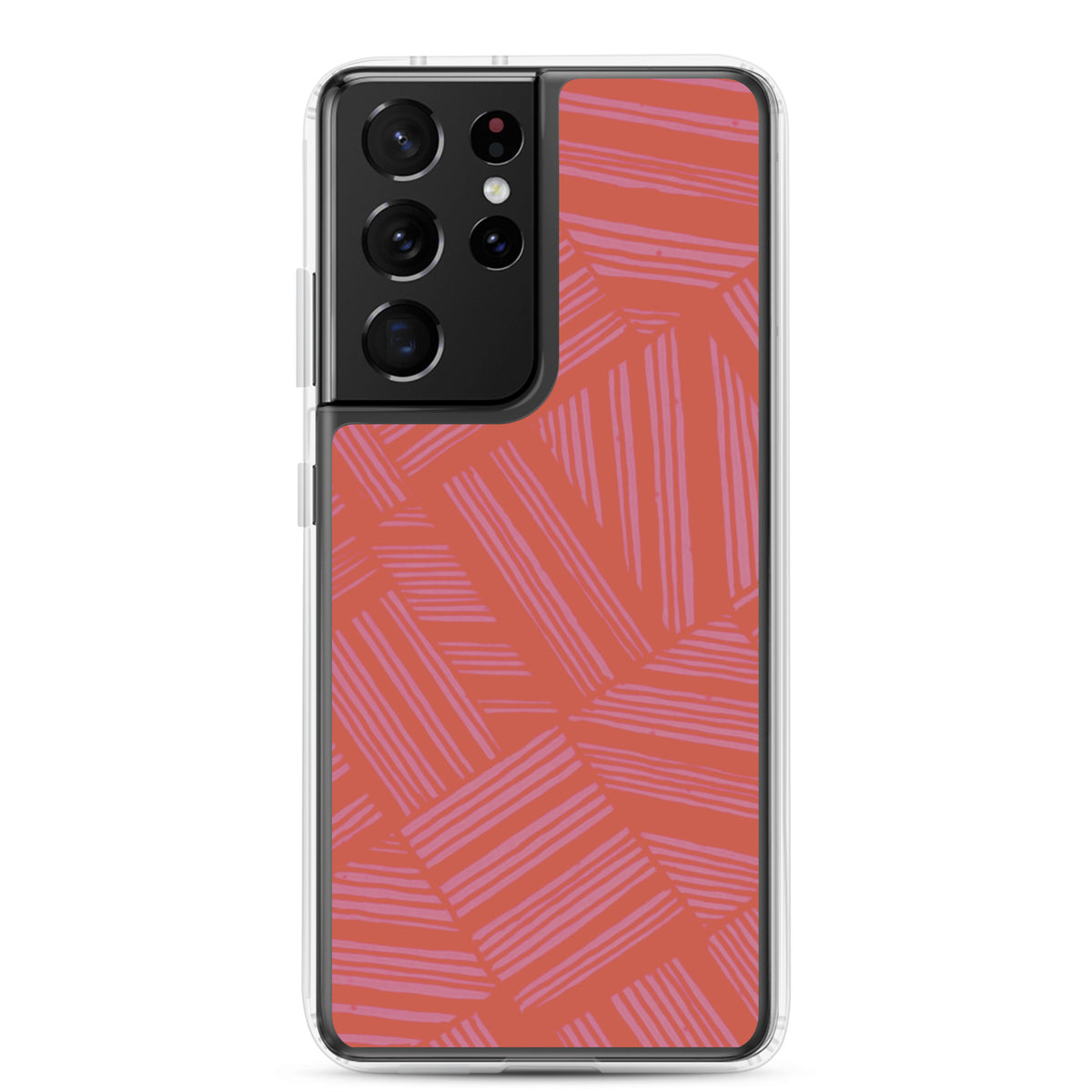 Clear Case for Samsung® featuring a multi-lens camera cutout and coral lavender geometric stripe pattern; wireless charging Samsung Galaxy S23 case.
