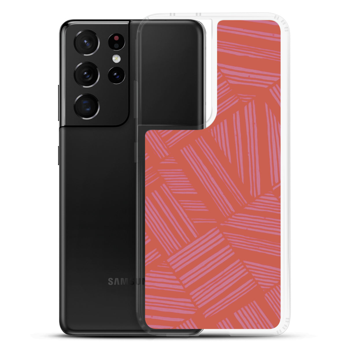 Clear Case for Samsung® displayed beside a Samsung Galaxy phone with transparent protection and bold coral patterned back; wireless charging Samsung Galaxy S23 case.