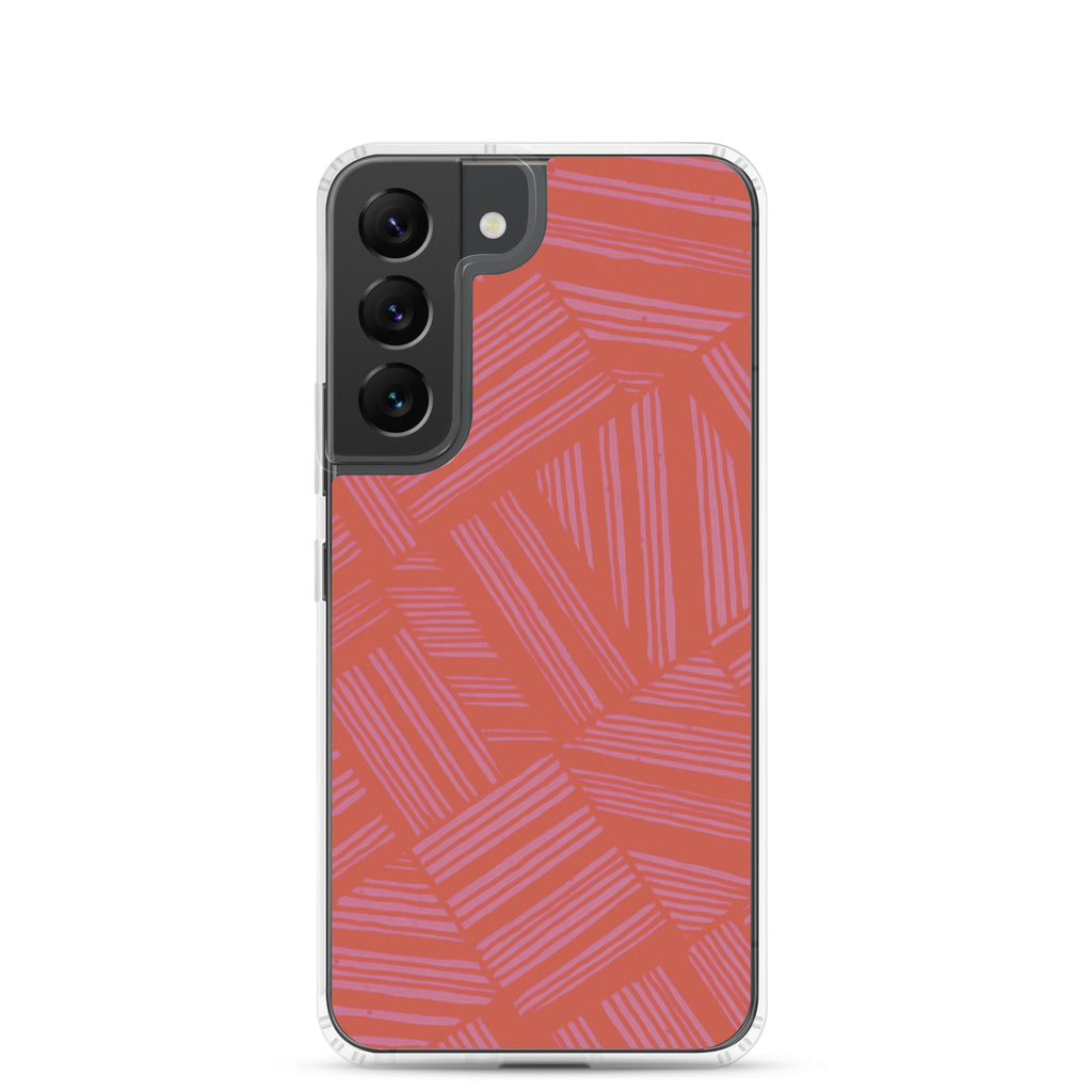 Clear Case for Samsung® fitted on a Samsung Galaxy smartphone with a vertical triple-camera opening and coral abstract stripe design; wireless charging Samsung Galaxy S23 case.
