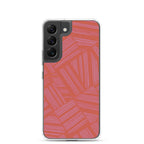 Clear Case for Samsung® fitted on a Samsung Galaxy smartphone with a vertical triple-camera opening and coral abstract stripe design; wireless charging Samsung Galaxy S23 case.
