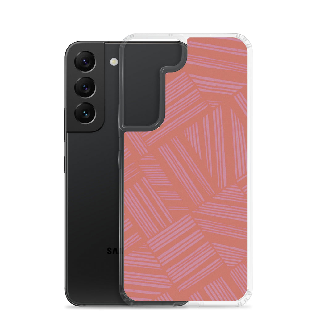 Clear Case for Samsung® shown beside a Samsung Galaxy phone with clear edges, precise camera access, and coral lavender pattern; wireless charging Samsung Galaxy S23 case.