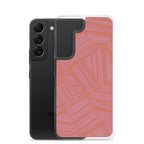 Clear Case for Samsung® shown beside a Samsung Galaxy phone with clear edges, precise camera access, and coral lavender pattern; wireless charging Samsung Galaxy S23 case.