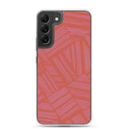 Clear Case for Samsung® with a transparent frame, raised camera protection, and coral geometric stripe design; wireless charging Samsung Galaxy S23 case.