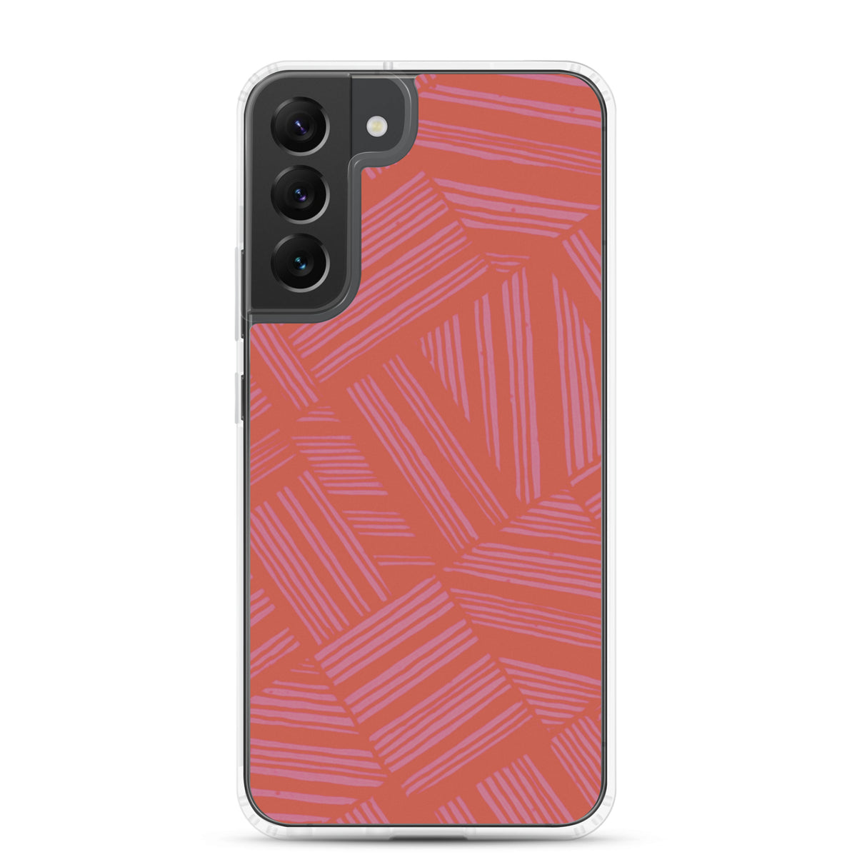 Clear Case for Samsung® with a transparent frame, raised camera protection, and coral geometric stripe design; wireless charging Samsung Galaxy S23 case.