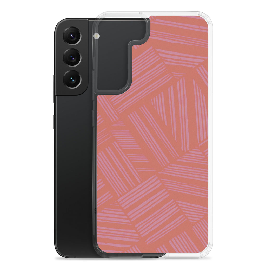 Clear Case for Samsung® shown beside a black Samsung Galaxy phone with a large camera cutout and stylish coral pattern; wireless charging Samsung Galaxy S23 case.