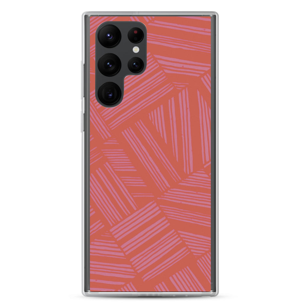Clear Case for Samsung® fitted on a large Samsung Galaxy smartphone with multi-camera cutout and coral lavender abstract lines; wireless charging Samsung Galaxy S23 case.