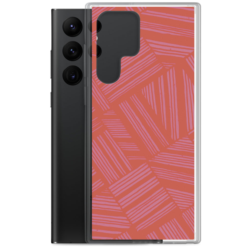 Clear Case for Samsung® displayed beside a Samsung Galaxy phone, highlighting its transparent construction and colorful geometric phone back; wireless charging Samsung Galaxy S23 case.
