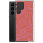 Clear Case for Samsung® displayed beside a Samsung Galaxy phone, highlighting its transparent construction and colorful geometric phone back; wireless charging Samsung Galaxy S23 case.