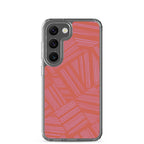 Clear Case for Samsung® fitted on a Samsung Galaxy smartphone with triple rear cameras and colorful geometric line pattern; wireless charging Samsung Galaxy S23 case.