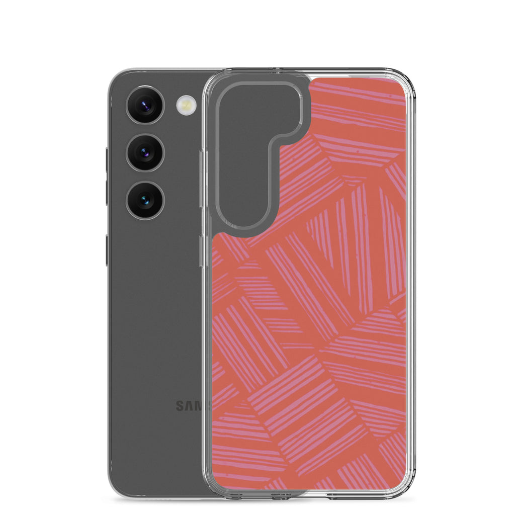 Clear Case for Samsung® shown beside a Samsung Galaxy phone, offering transparent protection and a coral lavender abstract design; wireless charging Samsung Galaxy S23 case.