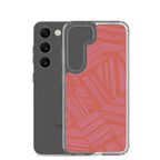 Clear Case for Samsung® shown beside a Samsung Galaxy phone, offering transparent protection and a coral lavender abstract design; wireless charging Samsung Galaxy S23 case.