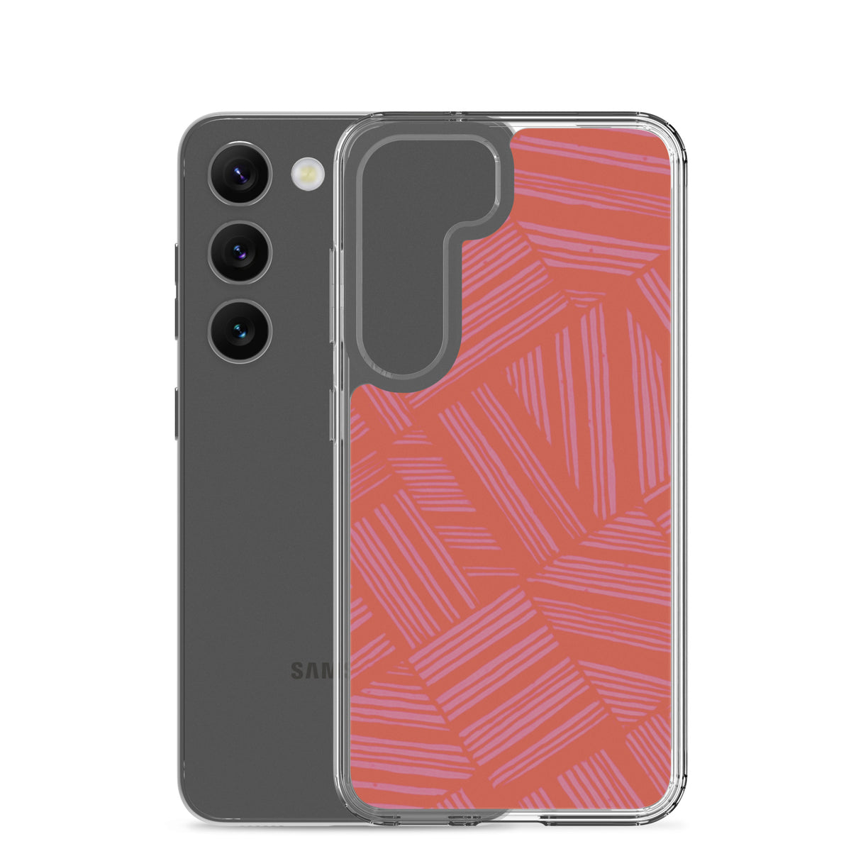 Clear Case for Samsung® shown beside a Samsung Galaxy phone, offering transparent protection and a coral lavender abstract design; wireless charging Samsung Galaxy S23 case.