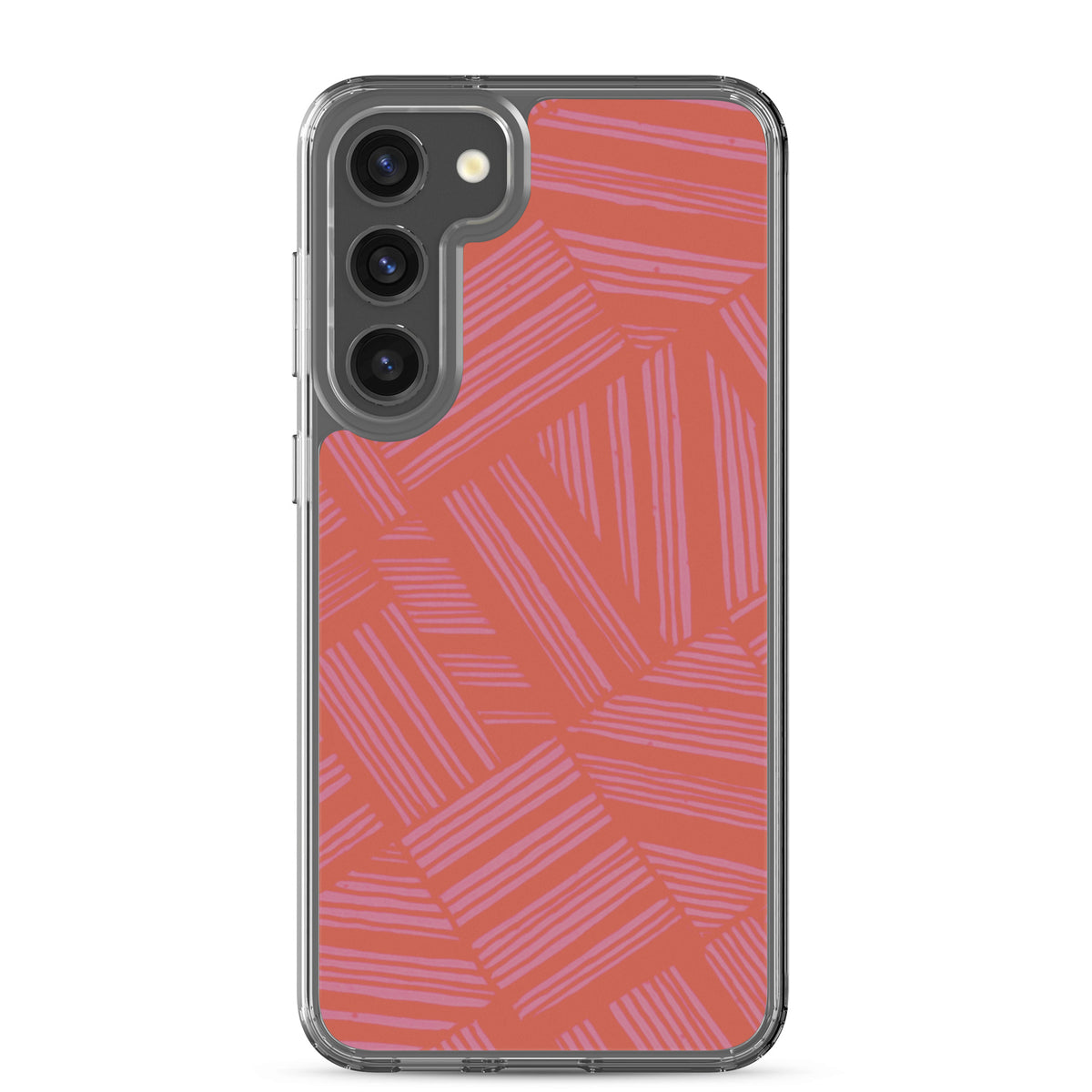 Clear Case for Samsung® fitted on a Samsung Galaxy smartphone with multi-lens camera opening and coral geometric pattern; wireless charging Samsung Galaxy S23 case.
