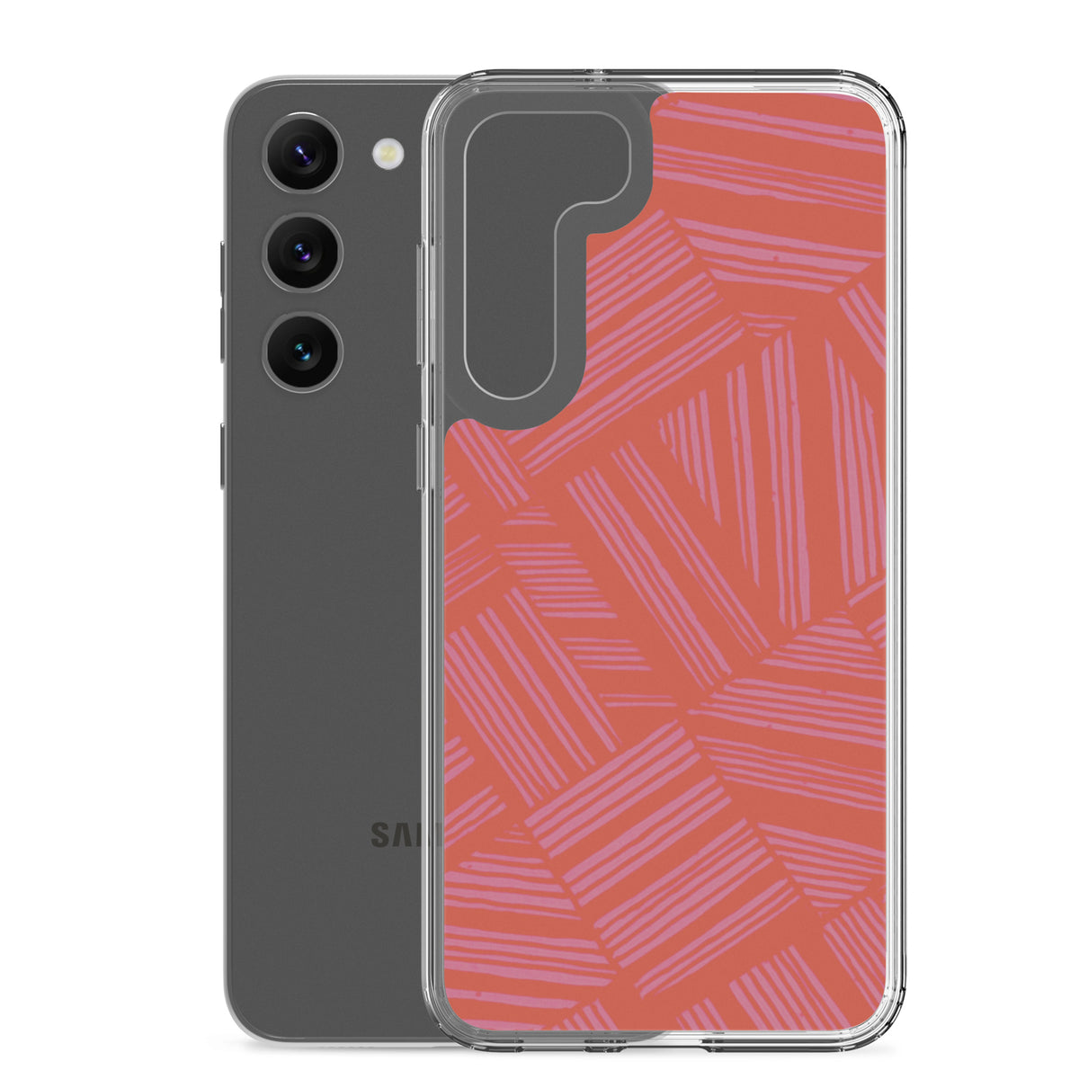 Clear Case for Samsung® shown beside a black Samsung Galaxy phone, highlighting the clear case body and precise camera cutout; wireless charging Samsung Galaxy S23 case.