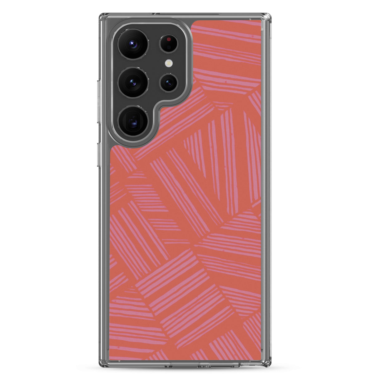 Clear Case for Samsung® with a coral and lavender abstract stripe pattern, transparent bumper, and Samsung Galaxy camera access; wireless charging Samsung Galaxy S23 case.
