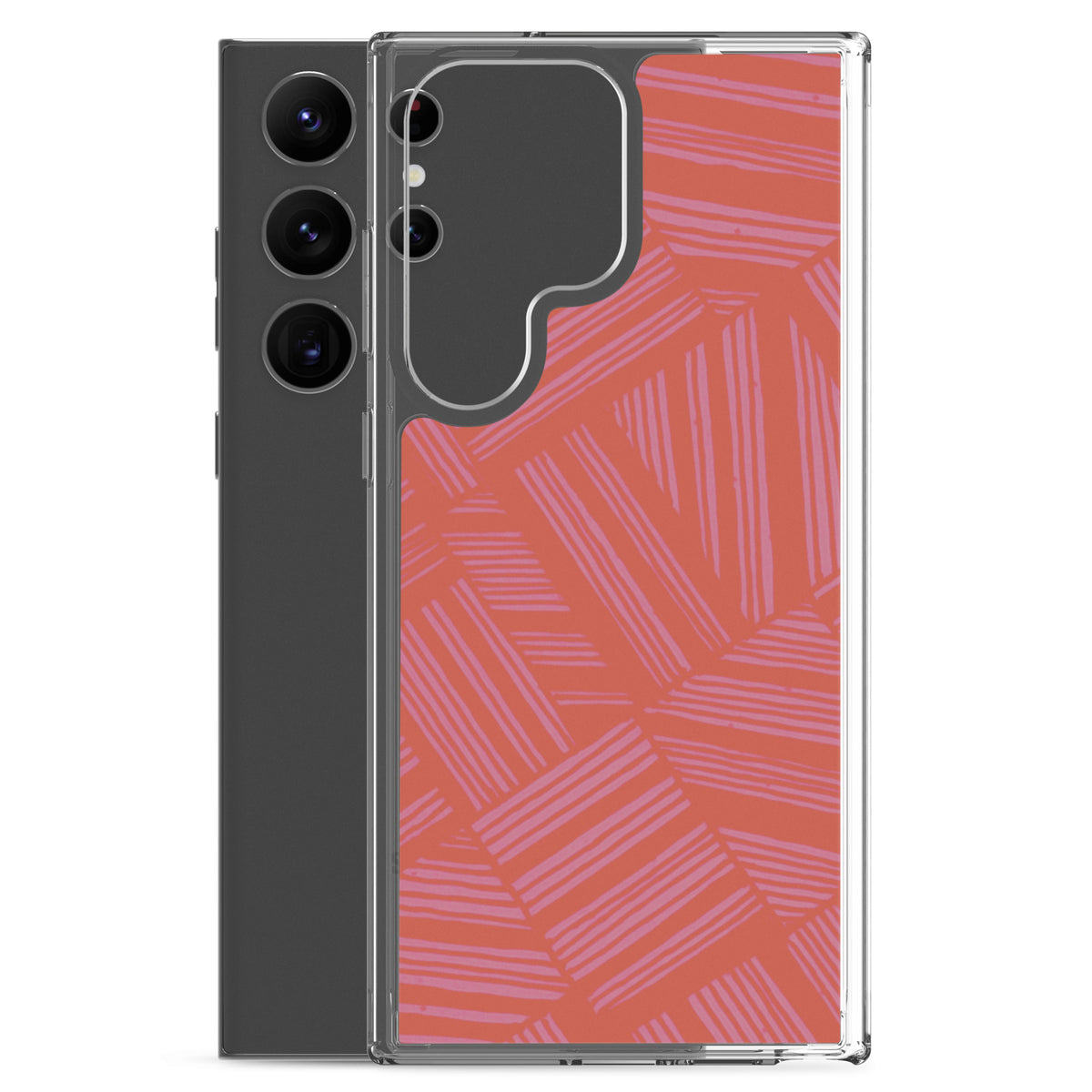 Clear Case for Samsung® displayed beside a Samsung Galaxy phone with a large contoured camera opening and vibrant coral artwork; wireless charging Samsung Galaxy S23 case.