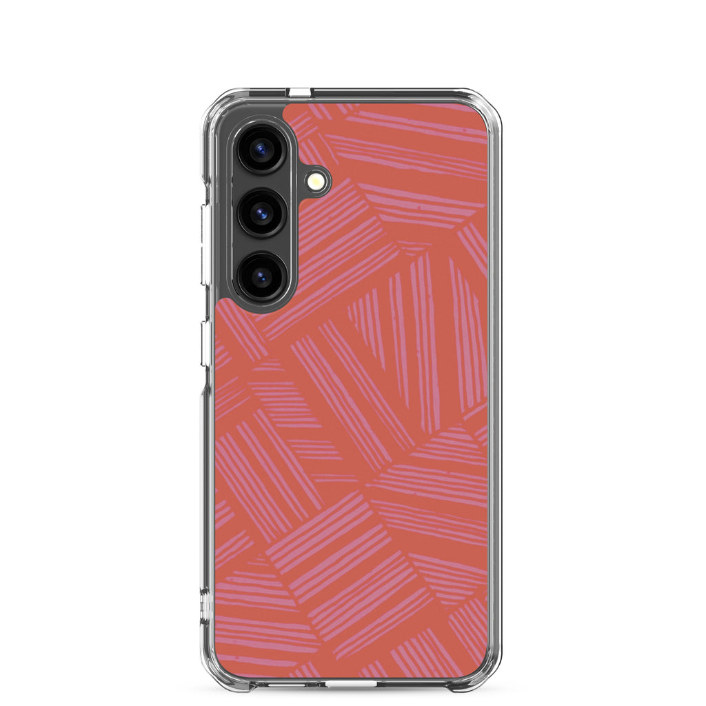 Clear Case for Samsung® featuring a multi-camera cutout and bold coral geometric stripe pattern on a Samsung Galaxy phone; wireless charging Samsung Galaxy S23 case.