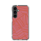 Clear Case for Samsung® featuring a multi-camera cutout and bold coral geometric stripe pattern on a Samsung Galaxy phone; wireless charging Samsung Galaxy S23 case.