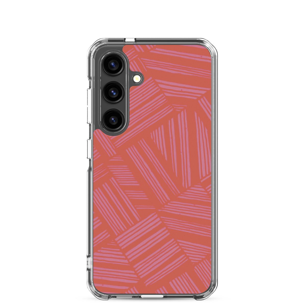 Clear Case for Samsung® featuring a multi-camera cutout and bold coral geometric stripe pattern on a Samsung Galaxy phone; wireless charging Samsung Galaxy S23 case.