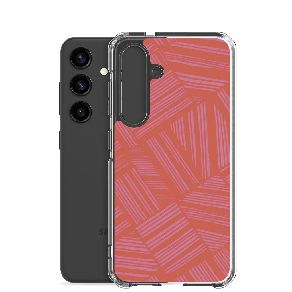 Clear Case for Samsung® displayed beside a black Samsung Galaxy phone with a clear protective shell and coral abstract design; wireless charging Samsung Galaxy S23 case.