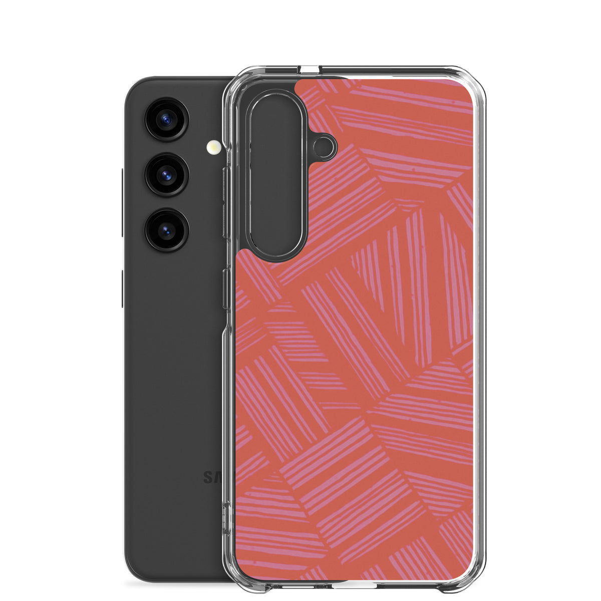 Clear Case for Samsung® displayed beside a black Samsung Galaxy phone with a clear protective shell and coral abstract design; wireless charging Samsung Galaxy S23 case.