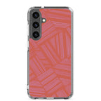 Clear Case for Samsung® featuring a large camera cutout, clear edges, and coral geometric stripes on a Samsung Galaxy smartphone; wireless charging Samsung Galaxy S23 case.
