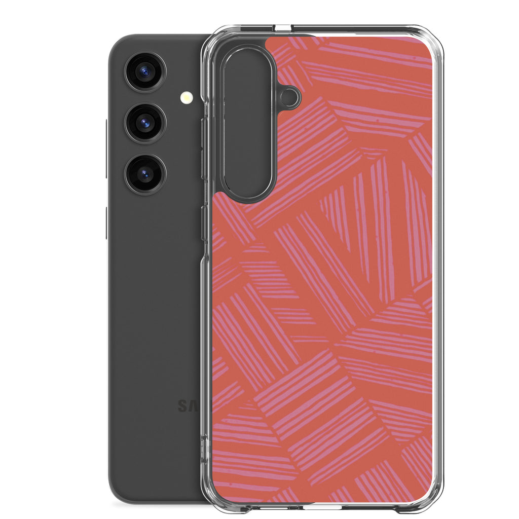 Clear Case for Samsung® displayed beside a black Samsung Galaxy phone with precise camera protection and colorful abstract back design; wireless charging Samsung Galaxy S23 case.