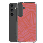 Clear Case for Samsung® displayed beside a black Samsung Galaxy phone with precise camera protection and colorful abstract back design; wireless charging Samsung Galaxy S23 case.