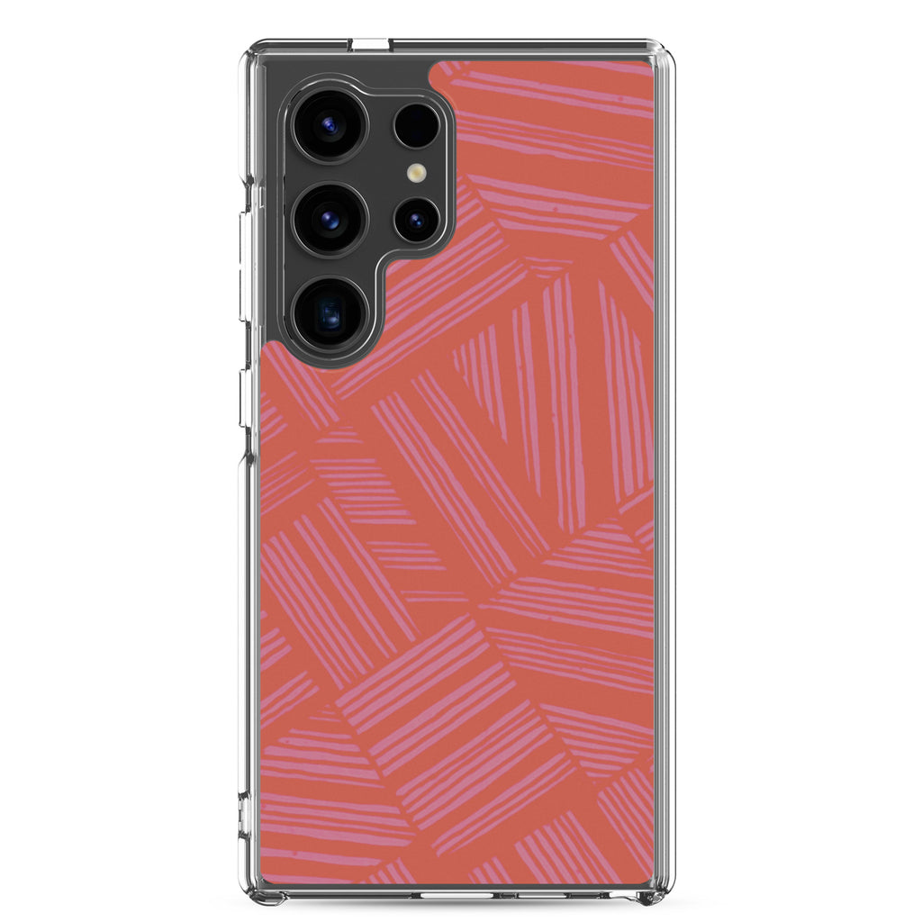 Clear Case for Samsung® fitted on a Samsung Galaxy phone with vertical triple-camera cutout and coral lavender pattern; wireless charging Samsung Galaxy S23 case.
