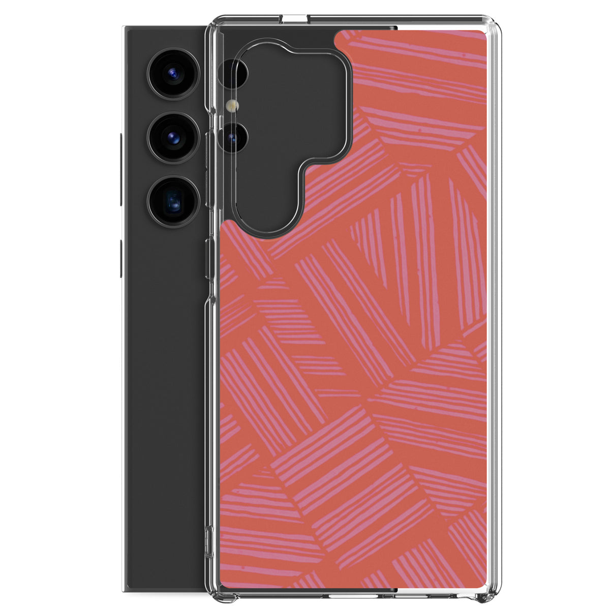 Clear Case for Samsung® shown beside a Samsung Galaxy smartphone with transparent bumper, raised camera area, and coral line artwork; wireless charging Samsung Galaxy S23 case.