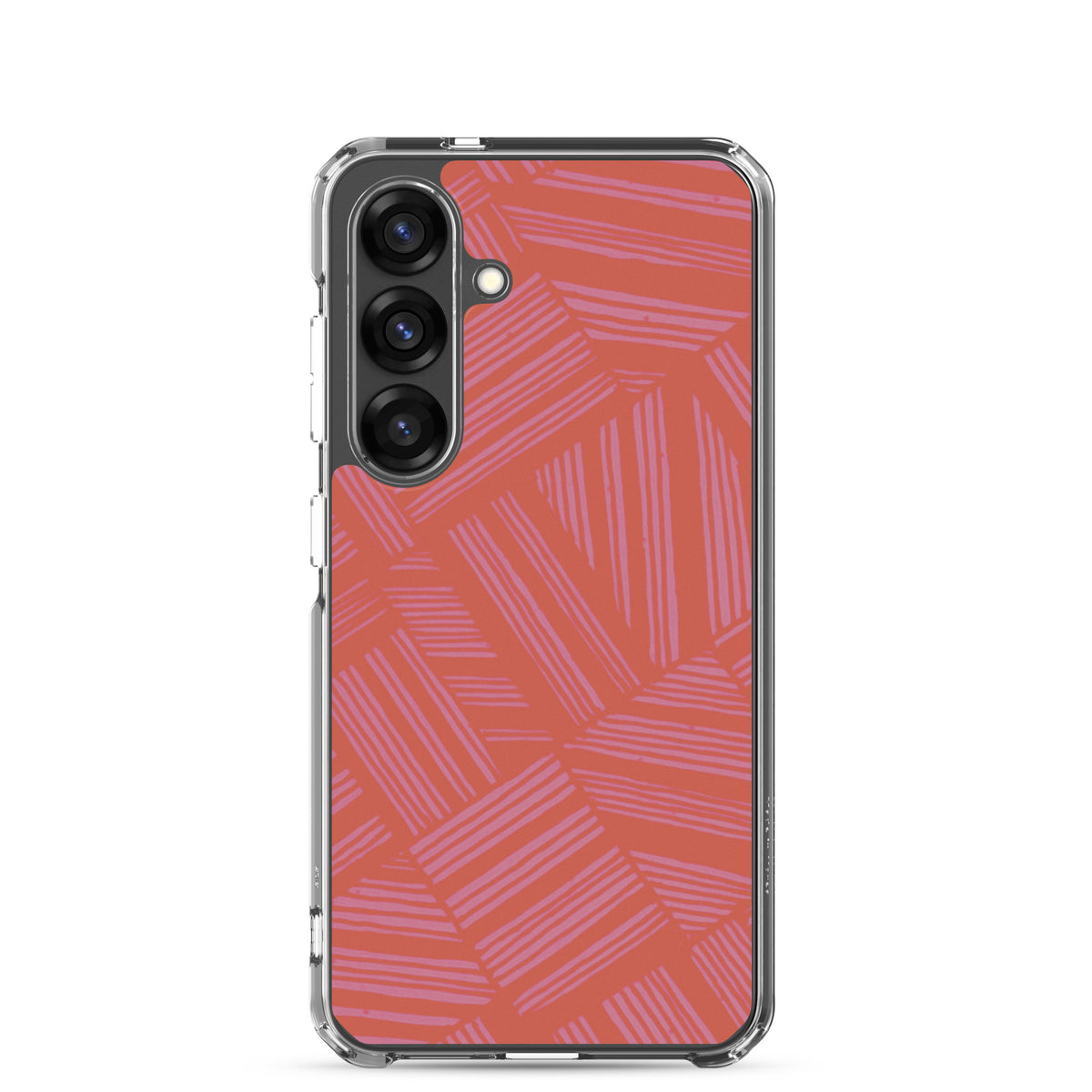 Clear Case for Samsung® featuring a protected vertical camera opening and coral abstract stripe pattern on a Samsung Galaxy phone; wireless charging Samsung Galaxy S23 case.
