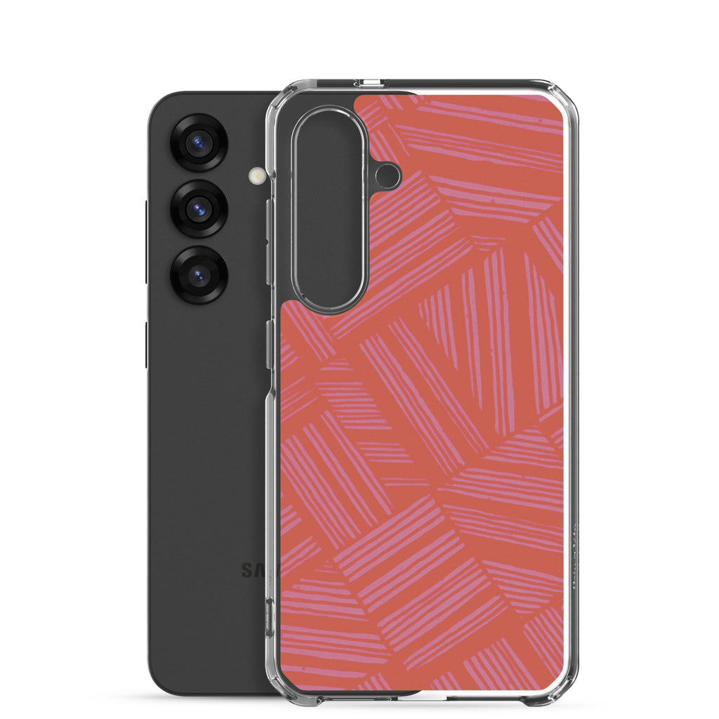 Clear Case for Samsung® displayed beside a Samsung Galaxy phone with transparent sides and a bold coral and lavender linear design; wireless charging Samsung Galaxy S23 case.