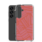 Clear Case for Samsung® displayed beside a Samsung Galaxy phone with transparent sides and a bold coral and lavender linear design; wireless charging Samsung Galaxy S23 case.