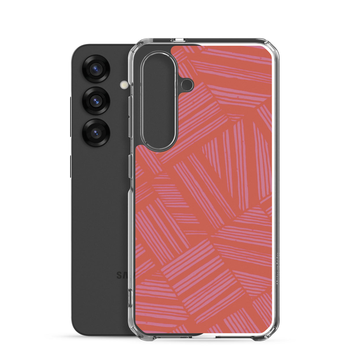 Clear Case for Samsung® displayed beside a Samsung Galaxy phone with transparent sides and a bold coral and lavender linear design; wireless charging Samsung Galaxy S23 case.