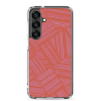 Clear Case for Samsung® featuring a large multi-camera cutout and coral geometric line artwork on a Samsung Galaxy phone; wireless charging Samsung Galaxy S23 case.