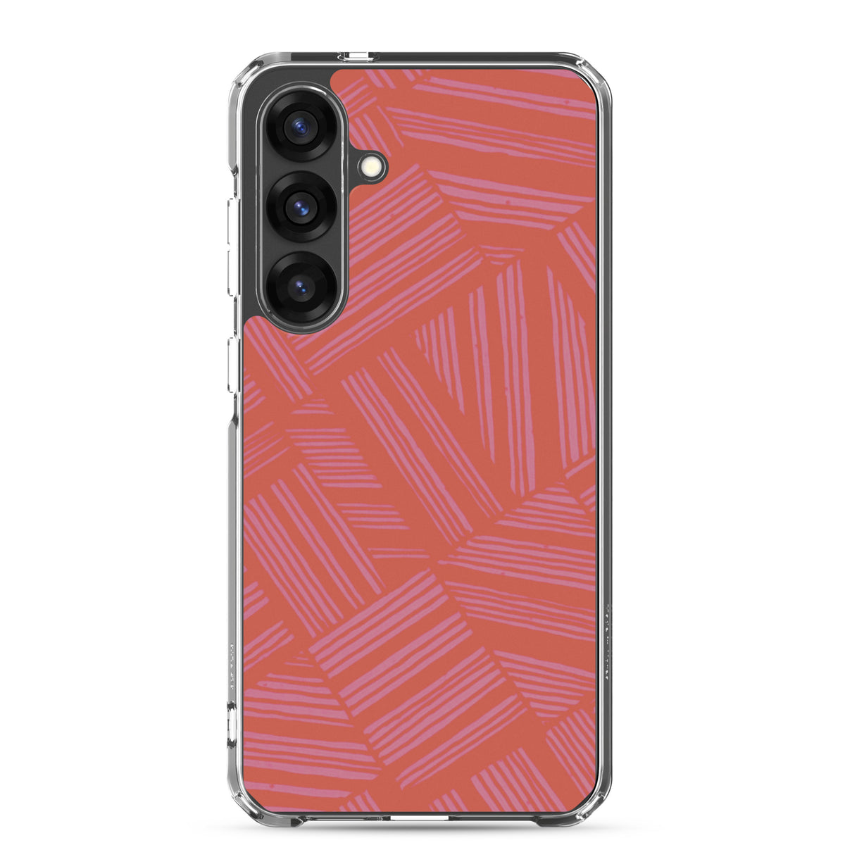 Clear Case for Samsung® featuring a large multi-camera cutout and coral geometric line artwork on a Samsung Galaxy phone; wireless charging Samsung Galaxy S23 case.
