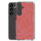 Clear Case for Samsung® displayed beside a black Samsung Galaxy smartphone with transparent protection and coral abstract design; wireless charging Samsung Galaxy S23 case.