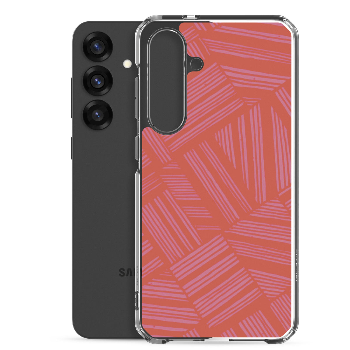 Clear Case for Samsung® displayed beside a black Samsung Galaxy smartphone with transparent protection and coral abstract design; wireless charging Samsung Galaxy S23 case.