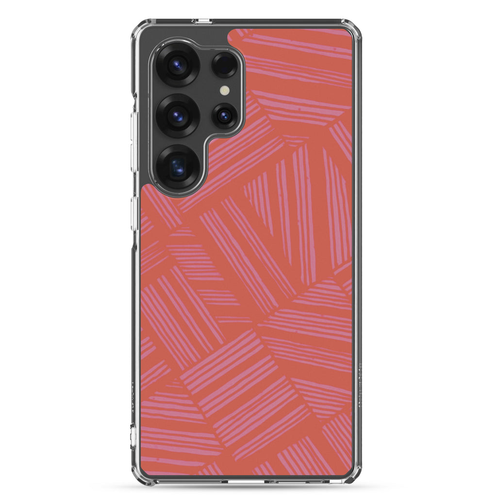 Clear Case for Samsung® fitted on a Samsung Galaxy phone with triple camera cutout, clear bumper, and coral lavender stripes; wireless charging Samsung Galaxy S23 case.
