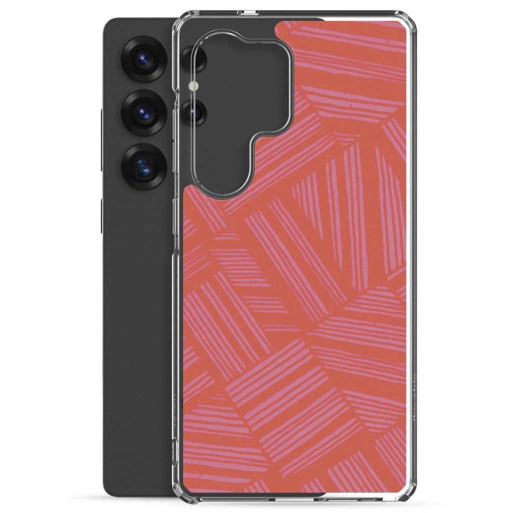 Clear Case for Samsung® shown beside a Samsung Galaxy smartphone, with a slim transparent profile and colorful geometric back print; wireless charging Samsung Galaxy S23 case.