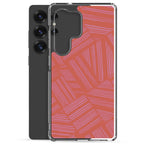 Clear Case for Samsung® shown beside a Samsung Galaxy smartphone, with a slim transparent profile and colorful geometric back print; wireless charging Samsung Galaxy S23 case.