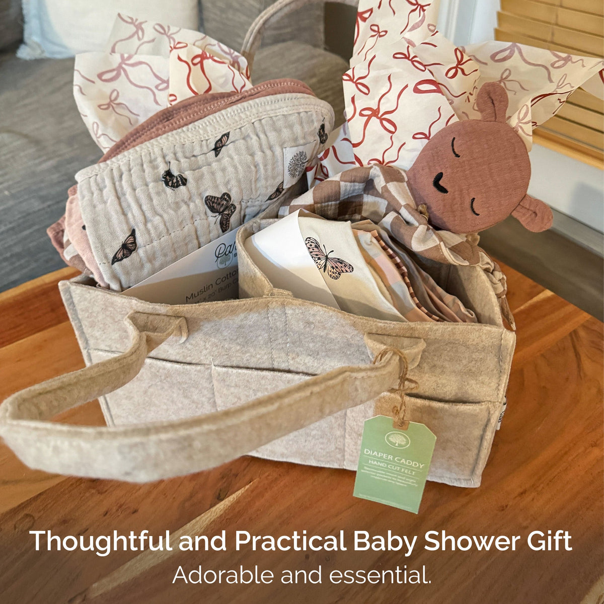 Butterfly Set - Muslin Burp Cloths (4 Pack) absorbent burp cloths for under 2, arranged in a baby shower gift basket.