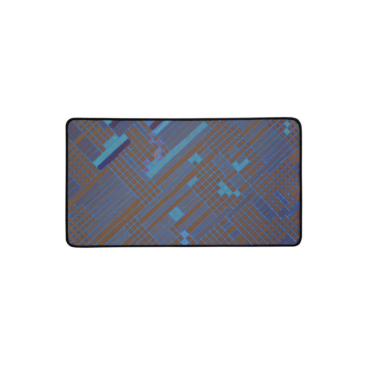 Chic desk mat for work exhibiting a vibrant geometric pattern in shades of blue and brown, ideal for enhancing your gaming or workspace.