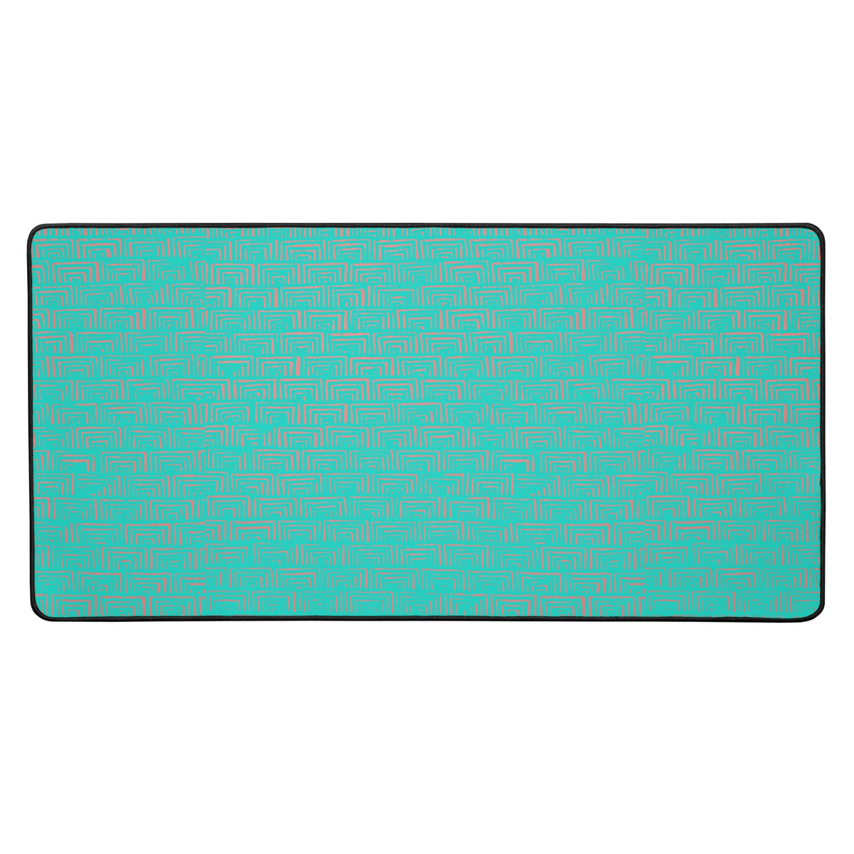 Vibrant desk mat for gaming featuring a unique turquoise geometric pattern with hemmed edges, designed for smooth and steady use.