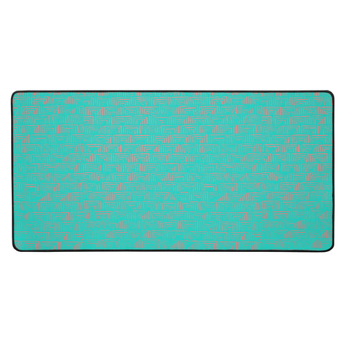 Vibrant desk mat for gaming featuring a unique turquoise geometric pattern with hemmed edges, designed for smooth and steady use.
